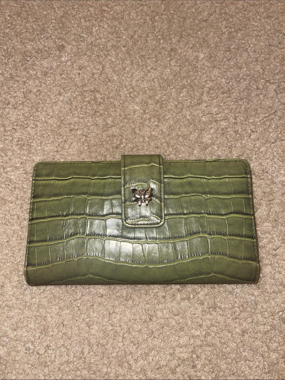Olive Croc-Embossed Faux Leather Wallet with Butterfly Accent